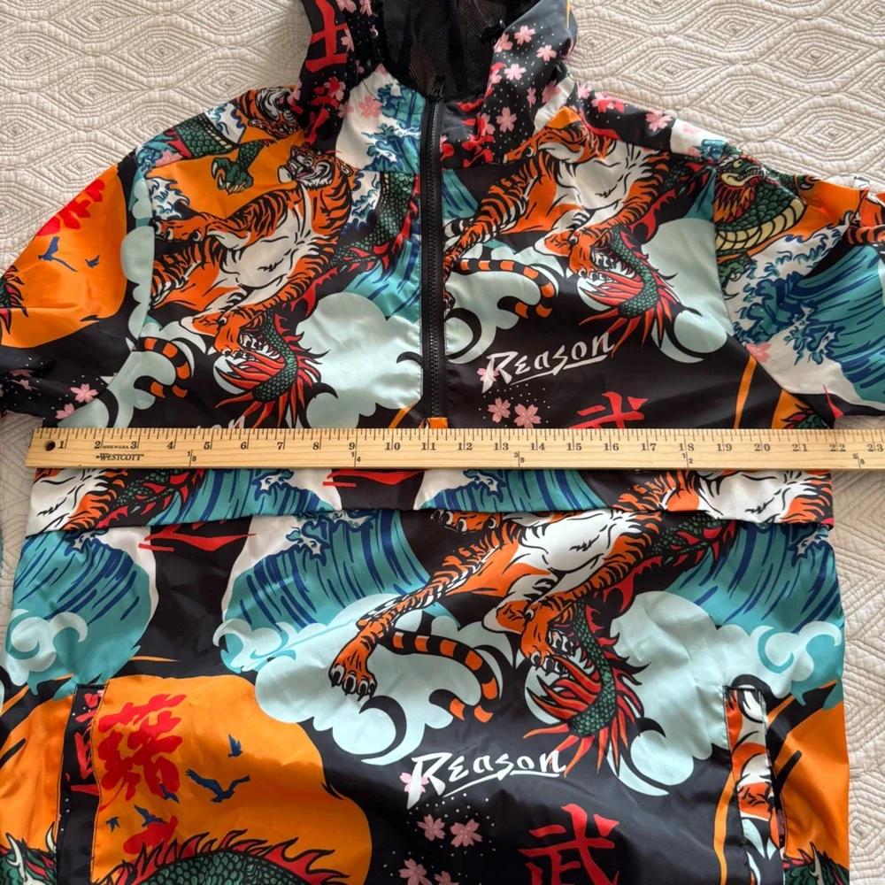 Reason Clothing Kanji Japan Print Dragon Half-Zip Anorak Hoodie Jacket Sz Medium